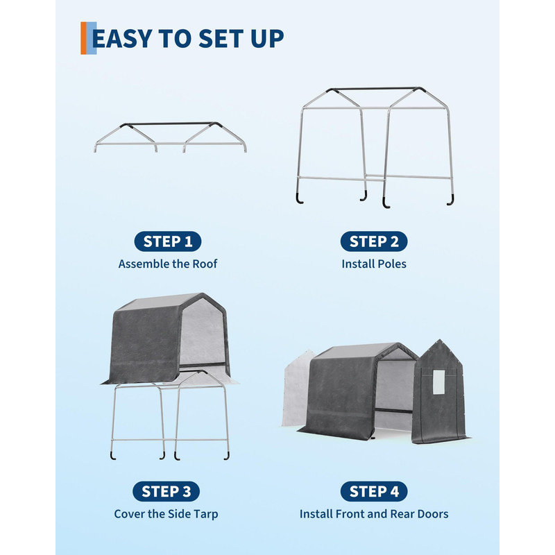 6x8FT Heavy Duty Carport, Waterproof UV-Resistant Motorcycle Shed with Ventilated Design, Portable Outdoor Storage Shelter Tent