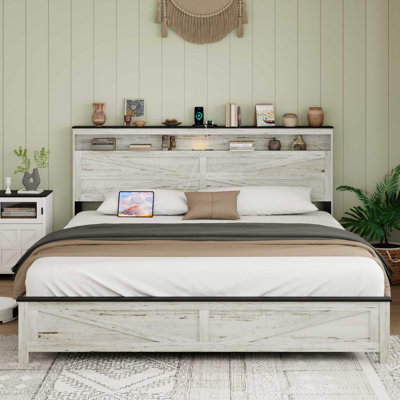 bed with wooden headboard and hidden storage space