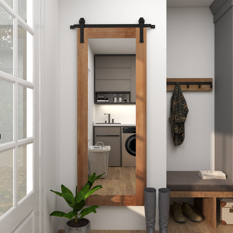 Wood Room Wall Mirror with Black Metal Hanging Rod, 70.5"H x 33.5"L x 2"D