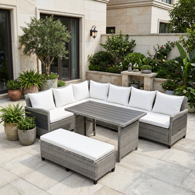 5-Piece L-Shaped Wicker Patio Sectional Sofa Set with Lift-Up Side Tables, Dining Table and Bench, White