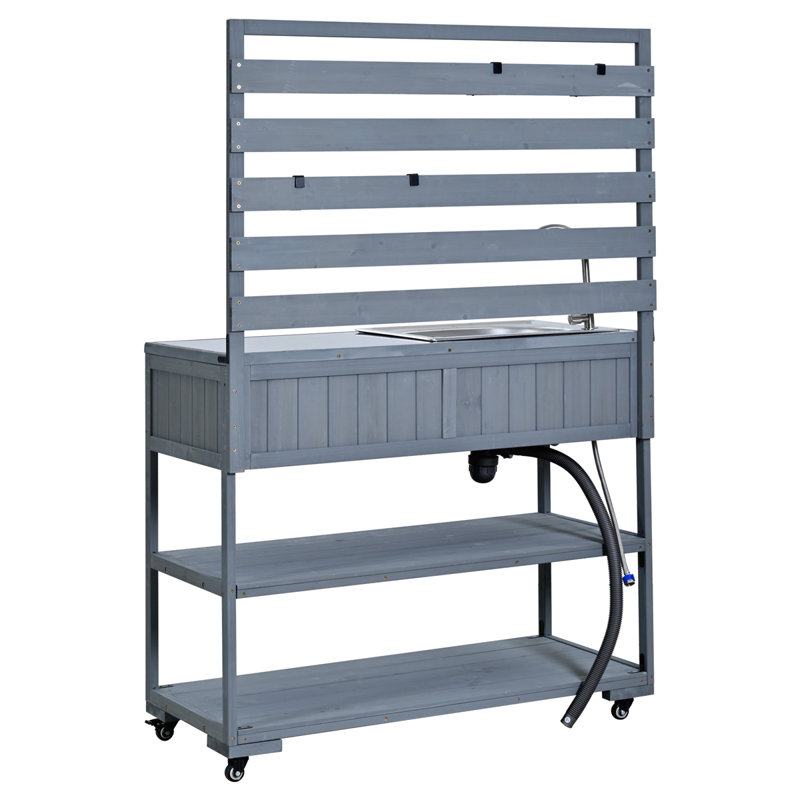 41.7" Large Patio Rolling Solid Wood Kitchen Island with Sink, Gray
