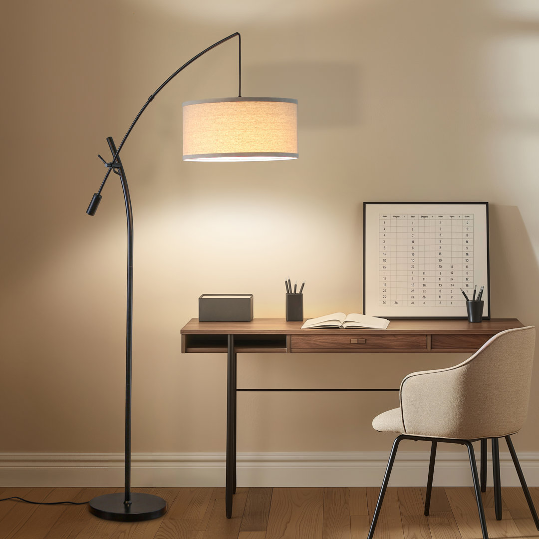 Grayson 84 in. Mid-Century Modern Height-Adjustable LED Arched Floor Lamp with Beige Fabric Drum Shade Brightech Base 