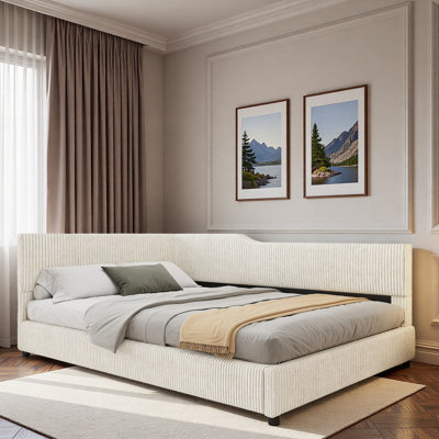 L-shaped Corduroy Daybed With Solid Frame And Striped Decoration