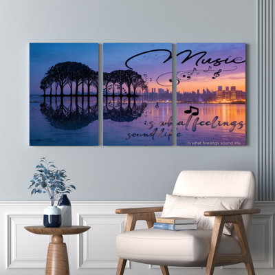 Music Notes And Tree Silhouette Canvas Wrapped Wall Art Oil Painting Print Set Of 3 For Living Room Bedroom Home Decor