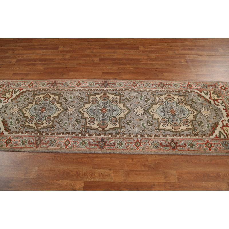 Tapis de couloir oriental gris Heriz Serapi noué à la main 3 x 8