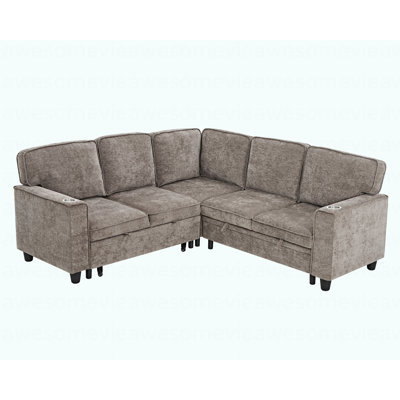 L-Shaped Sofa With Pull Out Sofa Bed, Sleeper Sofa Couch Bed With Storage Seat, 5 Seat Sectional Sofa Bed With USB, Sectional Sofa Couch For Living Room, Apartment, Light Brown