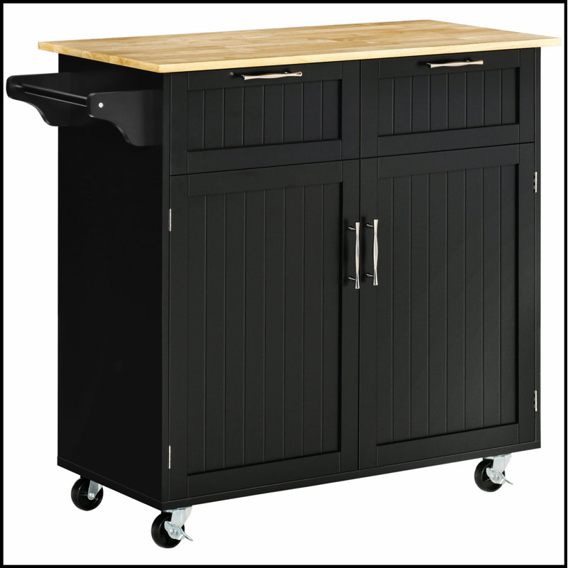 Îlot de cuisine moderne avec plateau en bois d'hévéa et tiroirs, parfait pour un rangement et une fonctionnalité améliorés dans toute cuisine