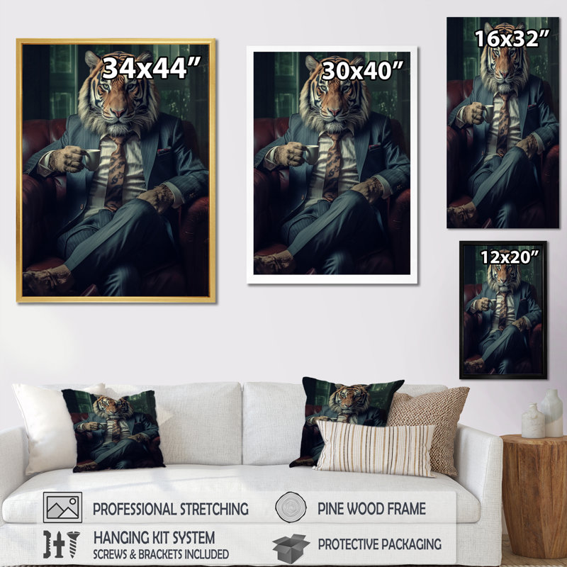 Lion glamour à la mode avec un costume de fleurs dans un canapé, 40" H x 30" W, Cadre flottant blanc