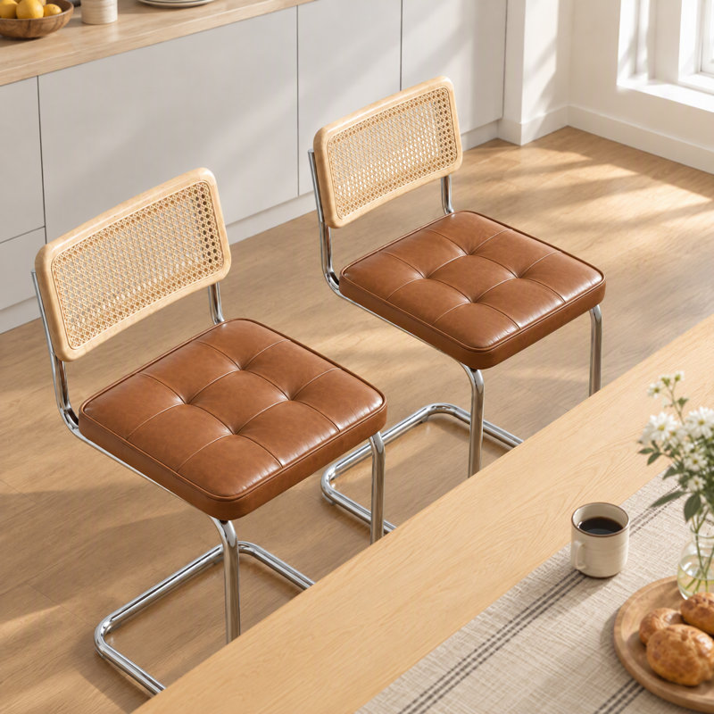 Tabouret de comptoir moderne en rotin de 26 po avec siège capitonné en similicuir chromé Marlow, Brun, 2