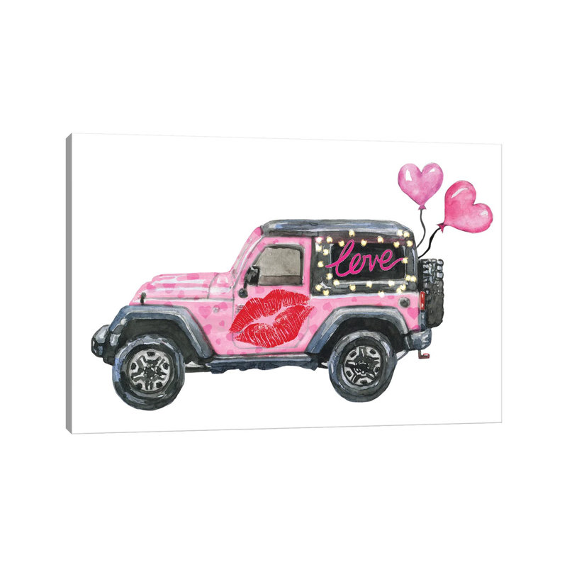Jeep rose de la Saint-Valentin - peinture sur toile tendue, H 18 po x l 26 po x P 1,5 po