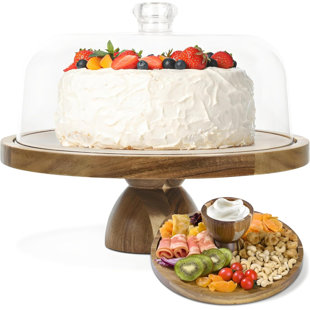 Présentoir à gâteaux en bois d'acacia avec couvercle, assiette à gâteau 2-en-1 avec couvercle en acrylique, ensemble de présentoirs à table ronde 12 po