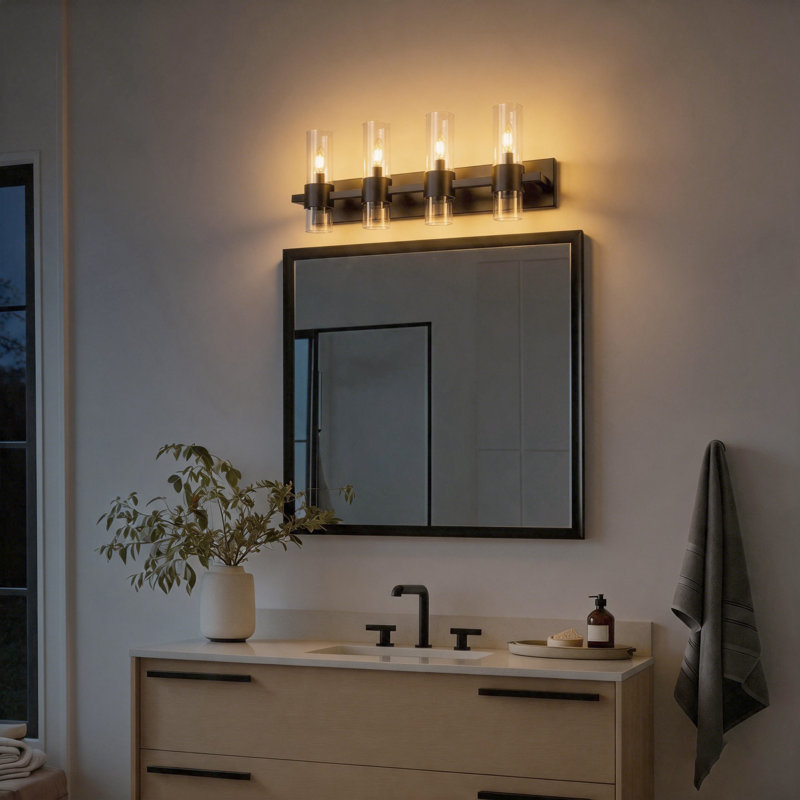 Dimmable Bathroom Vanity Light with Cylinder Glass Shades, 27.55" W, Matte Black, 4 Lights