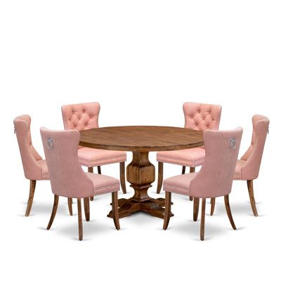 7-Pc Kitchen Dining Table Set Consist a Mid Century Table and 6 Beige Red Polyester Fabric Chairs with Button-Tufted Back, Antique Walnut