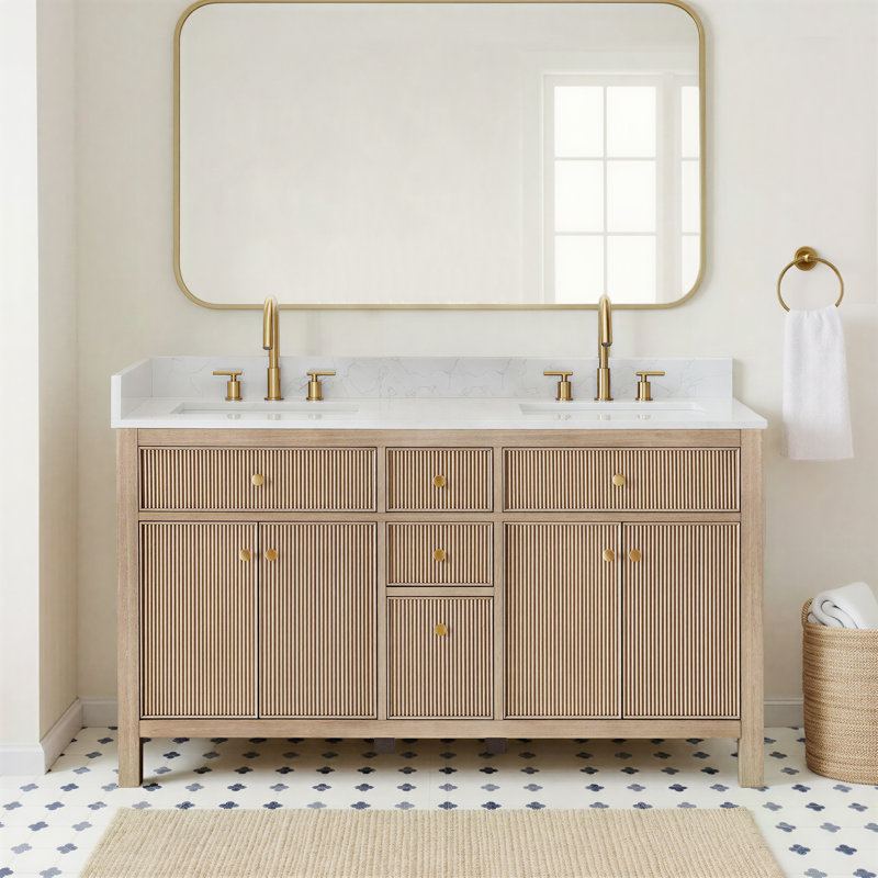Lala 60" Double Bathroom Vanity with Grain White Engineered Stone Countertop without Mirror, Nature Oak