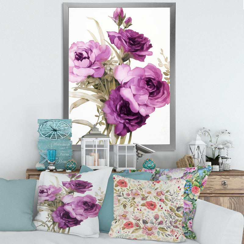 Dark Pink Roses - peinture sur toile, H 32 po x l 24 po x P 1 po, Cadre photo argenté