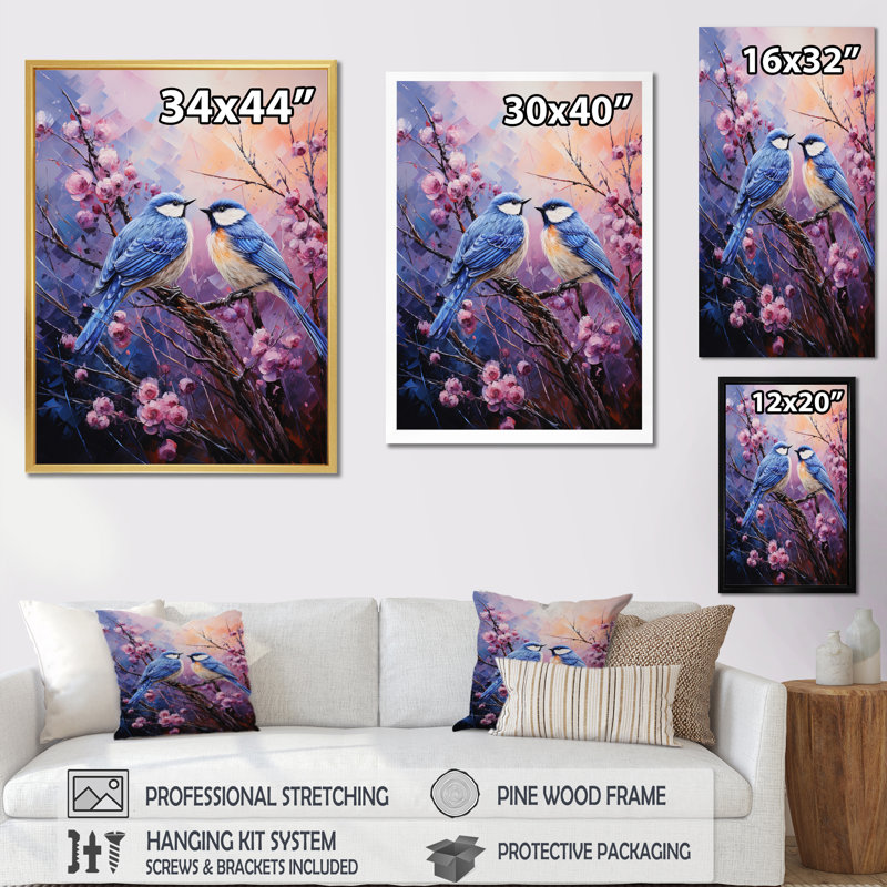 Impression sur toile - Chardon mauve et oiseaux bleus, H 44 po x l 34 po x P 1,5 po, Cadre naturel flottant