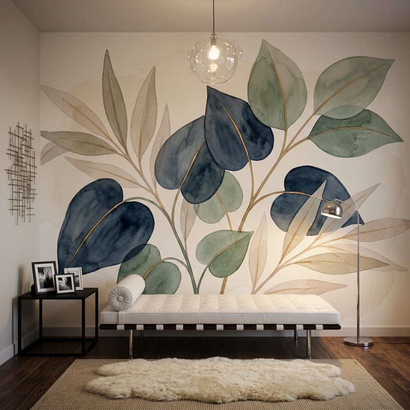 Papier peint botanique aquarelle feuilles d'eucalyptus bleu marine amovible, 140 po x 108 po, Peler et coller