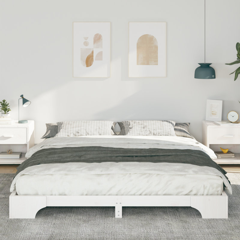 Floor Bed Frame Solid Pine Wood, European Kingsize (160 x 200 cm), White
