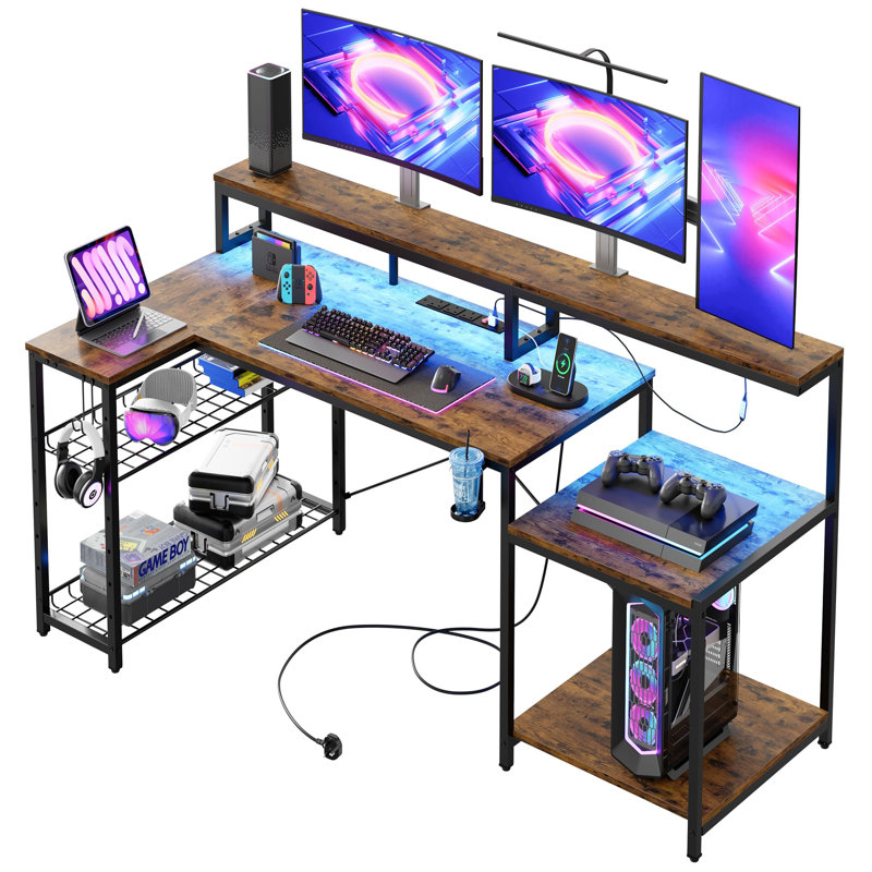 181CM L-Shaped Corner Table With Power Socket LED Light, Gaming Table With Long Monitor Stand, Large Computer Table, Brown