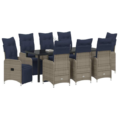  Ensemble de table et de chaises avec coussin 9 pièces PE rotin gris