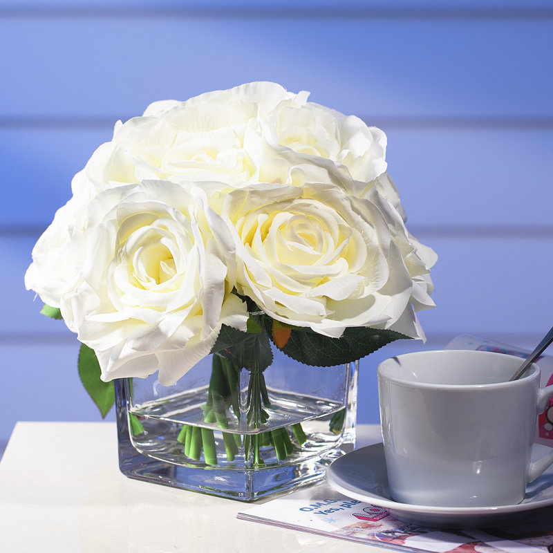 Silk Roses Arrangement in Vase, Cream