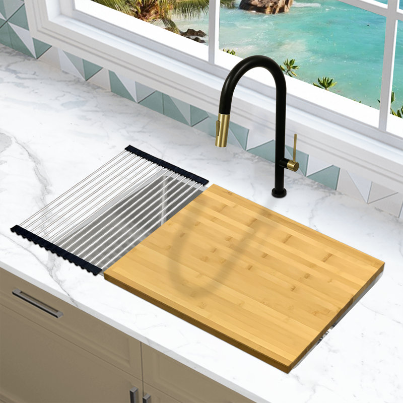 Évier de cuisine à simple cuve en acier inoxydable KBFmore, 5 pièces Gadgets, Calibre 18, H 9 po x l 30 po x P 9 po