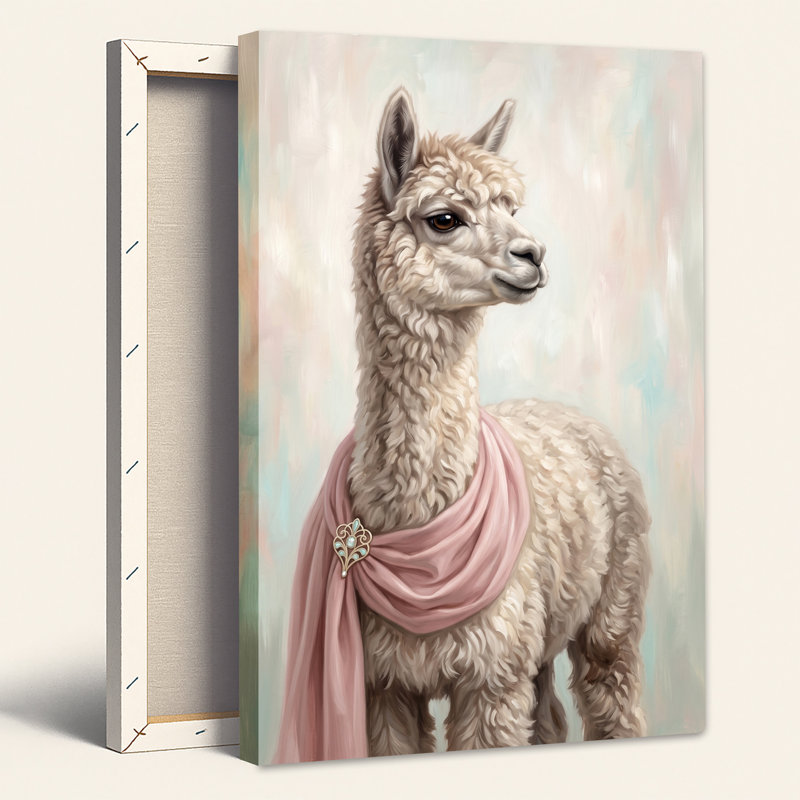Art mural en toile alpaga blanc avec écharpe rose et broche ornée de bijoux, H 24 po x l 18 po
