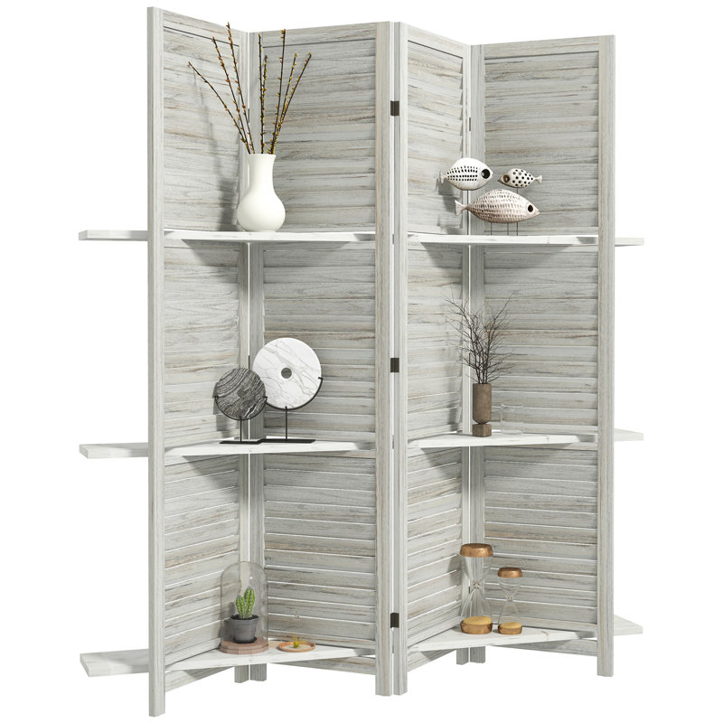 Paravent 5 panneaux en bois de 67 po de hauteur, écran d'intimité avec 3 tablettes de présentation et rangement pliant pour la chambre à coucher ou le bureau personnel