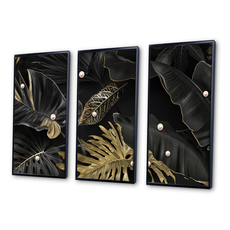 «Black and Gold Tropical Leaves III», 3 pièces, cadre flottant, impression sur toile, H 28 po x l 36 po, Cadre noir