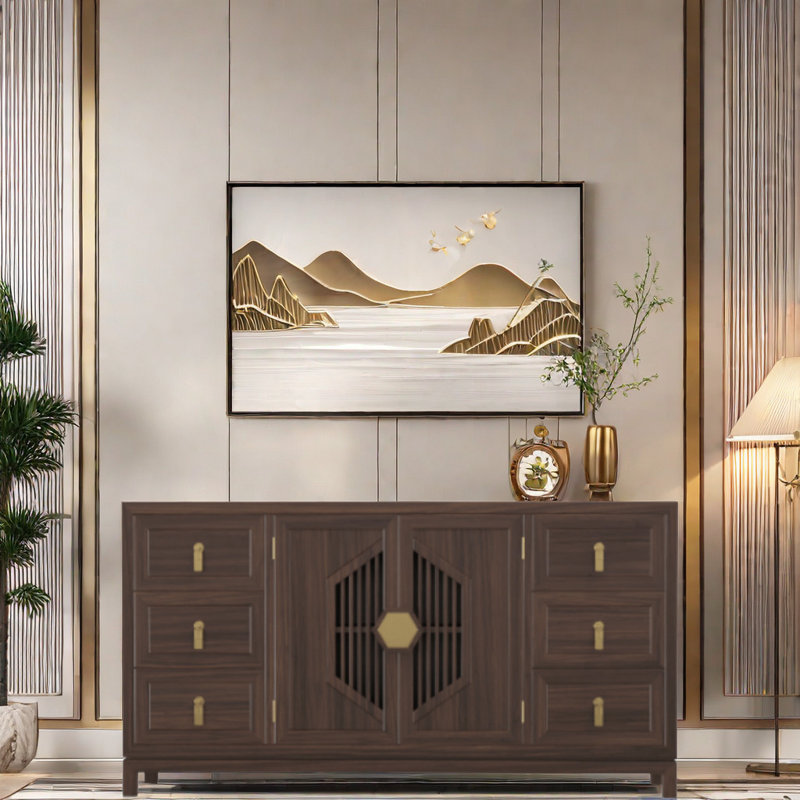 Home Living Room Retro Porch Cabinet Solid Wood 6 -Drawer Accent Cabinet, 35.4" H x 59.1" W x 15.7" D