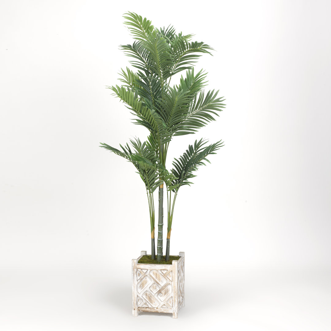 66'' Faux Golden Palm Tree Tree in Solid Wood Planter Bayou Breeze