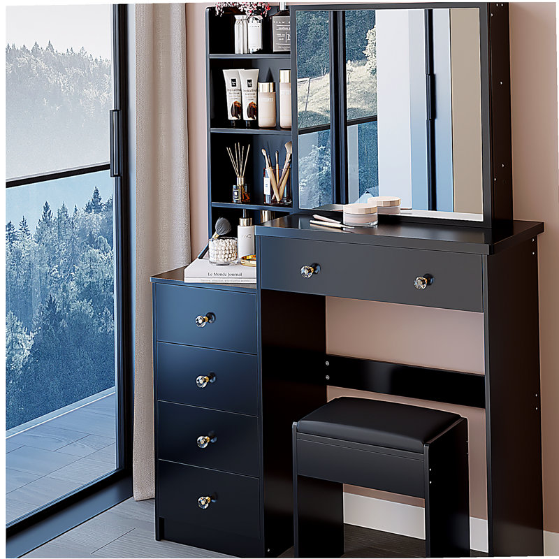 37" Middle Size Left Bedside Cabinet Vanity Table + Cushioned Stool, Extra Large Right sliding mirror, Multi Layer High Capacity Storage, Practical Fashionable Dresser, Suitable For Large Space