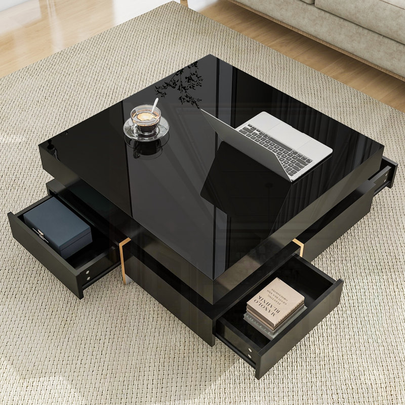 Table basse moderne à 4 tiroirs ultrabrillante, Black