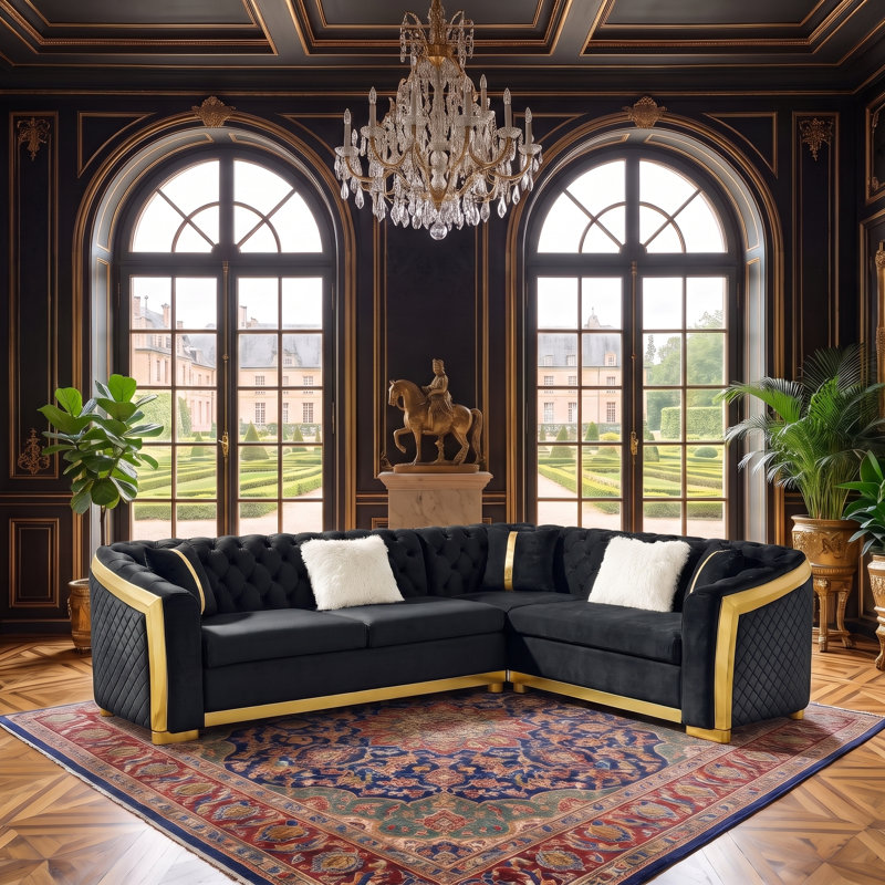 Canapé modulaire en L 106 po Chesterfield, capitonné à boutons avec coussins pour le salon, facile à assembler, Black