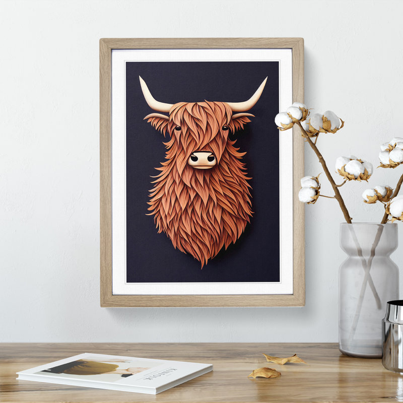 Bust of a Highland Cow - Wall Art, 48cm H x 36cm W, Oak Framed, White