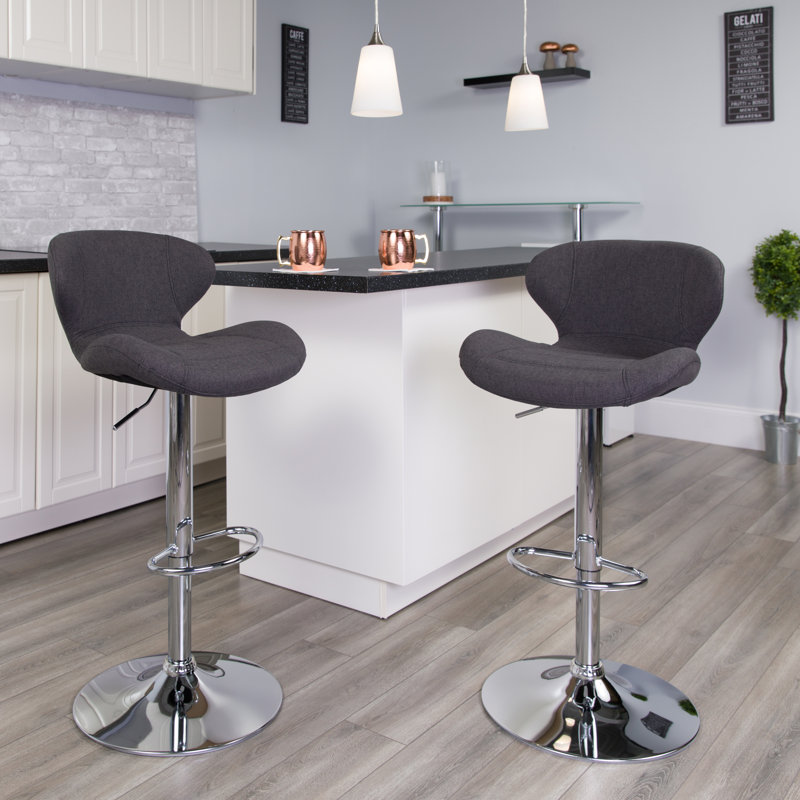 Nuttall Contemporary Vinyl Adjustable Barstool with Curved Back & Chrome Base, Black Polyester