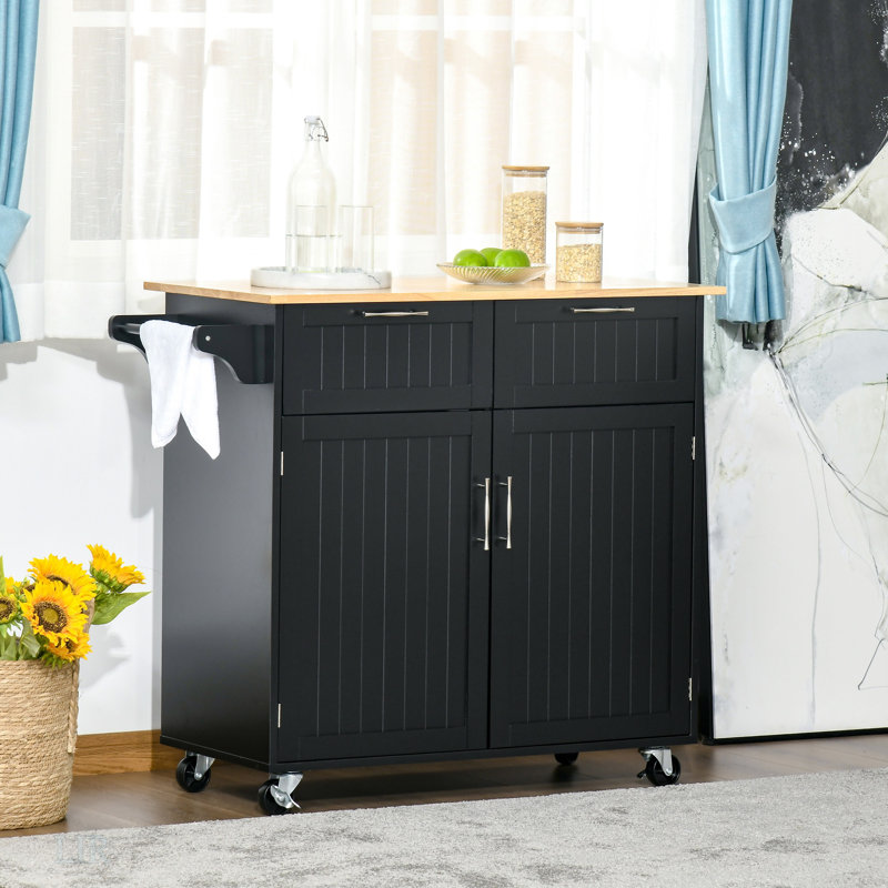 Îlot de cuisine sur roulettes 41 po, chariot de rangement avec plateau en bois d'hévéa et tiroirs, îlot de cuisine 41 po