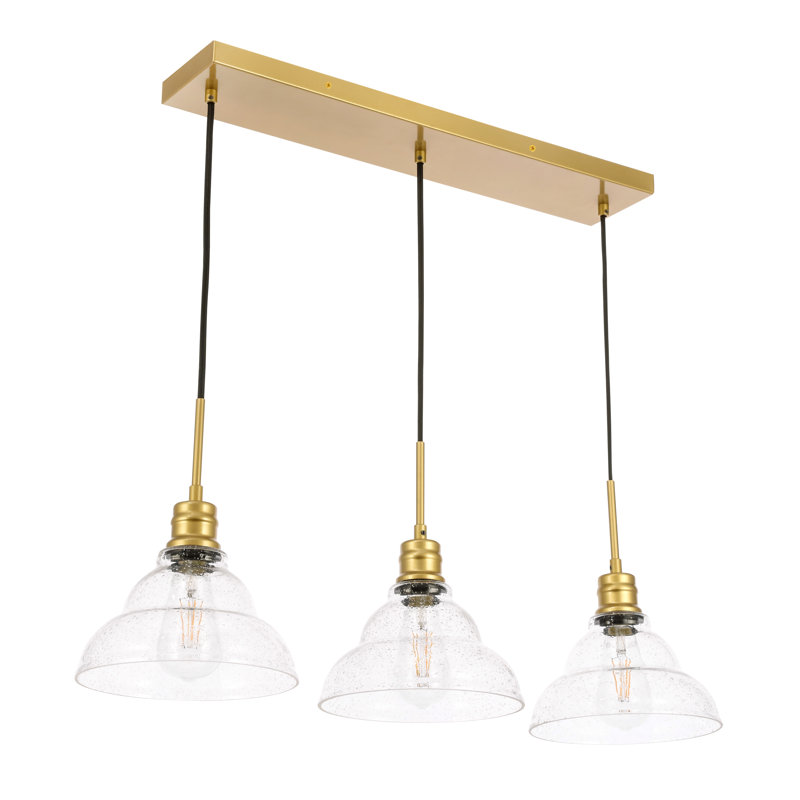 Luminaire suspendu linéaire à 3 lumières pour îlot de cuisine avec accents de verre Manoel, Laiton