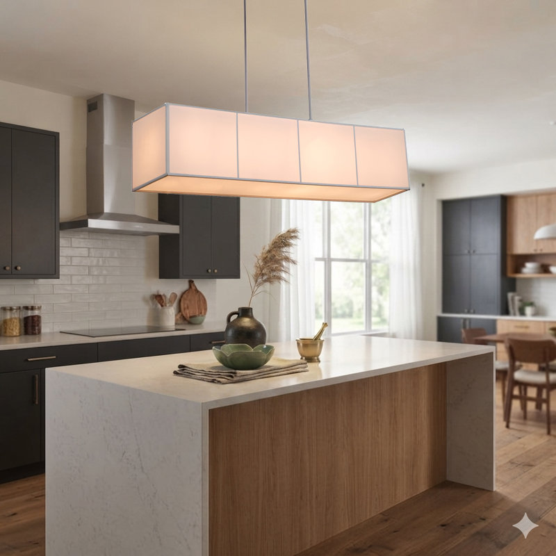 Lustre rectangulaire en tissu 6 lumières Morton, H 51 po x l 47,8 po x P 10 po, Argent argent