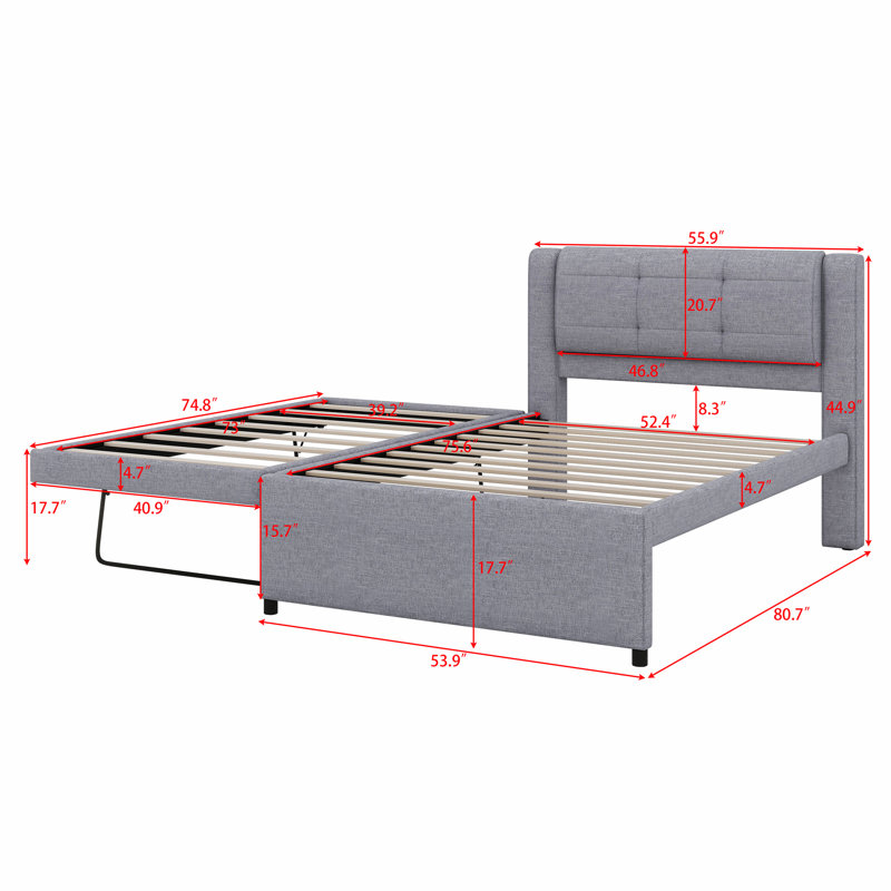 Lit plateforme tapissier avec lit gigogne, Gris