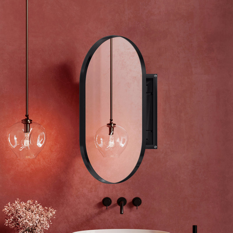 Armoire à pharmacie encastrée ovale 20 po x 34 po, armoire de salle de bain murale en métal avec miroir et tablettes réglables, miroir mural avec rangement