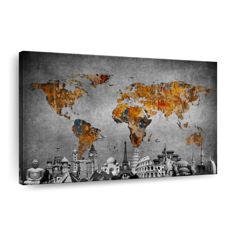 Impression sur toile, "Carte du monde colorée", H 32 po x l 48 po x P 1,25 po