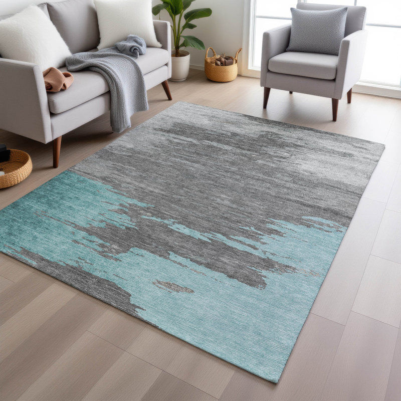 Machine Washable Indoor/Outdoor Xhevrie Teal Rug, Rectangle 10' x 14'