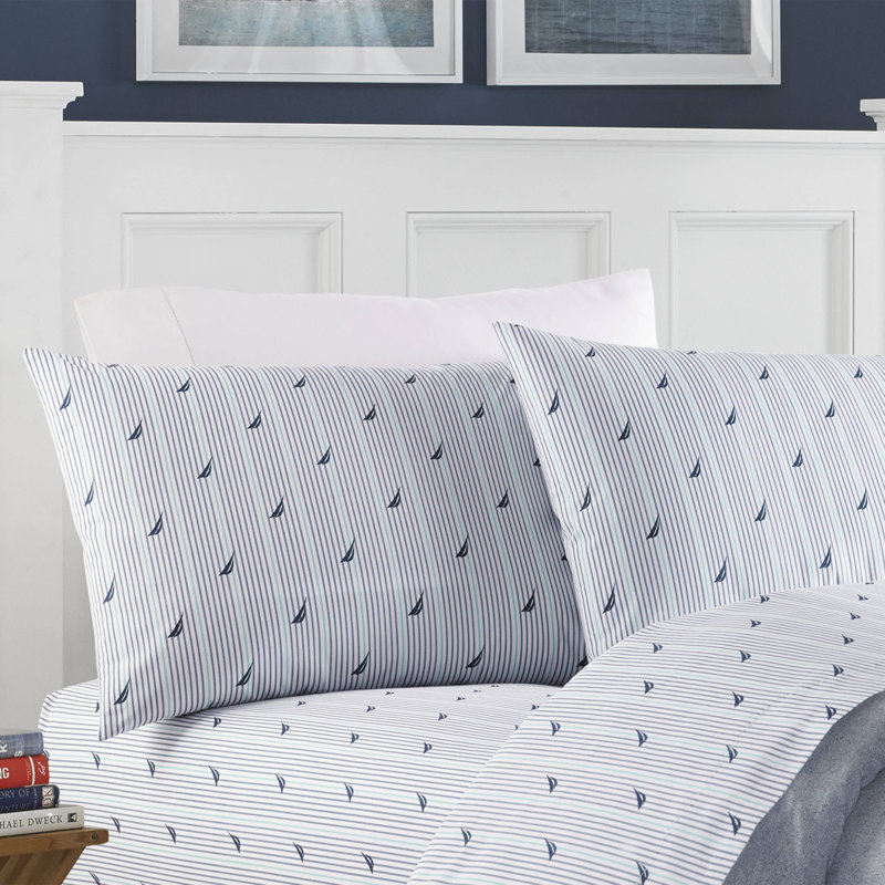 Bradford 200 Thread Count Breathable Cotton Percale Sheet Set, Twin XL Sheet Set with 1 Pillowcase, Audley Stripe Blue
