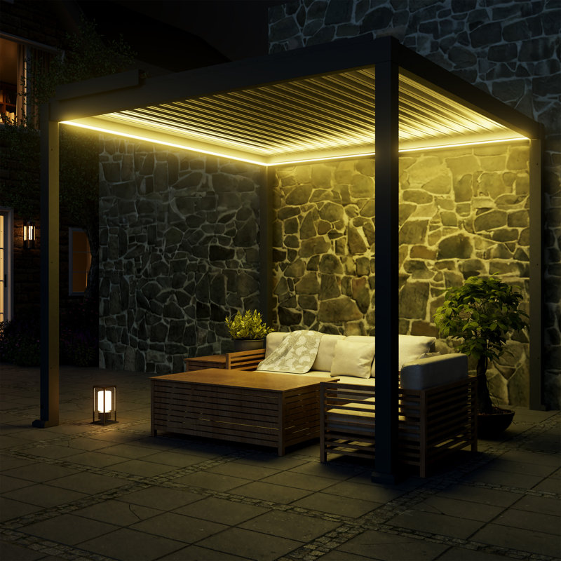 Pergola motorisée à persiennes en aluminium avec lumières DEL intégrées, 10' x 10' 