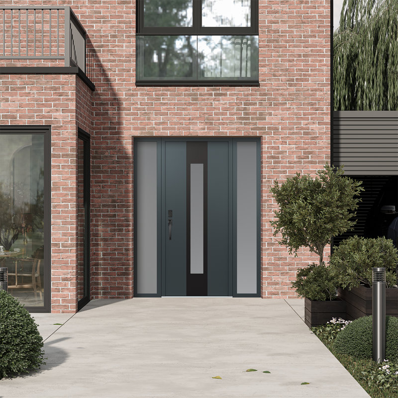 Porte d'entrée pré-suspendue en acier noir à panneau droit avec deux côtés, L 61,69 po x H 81,69 po, Argent