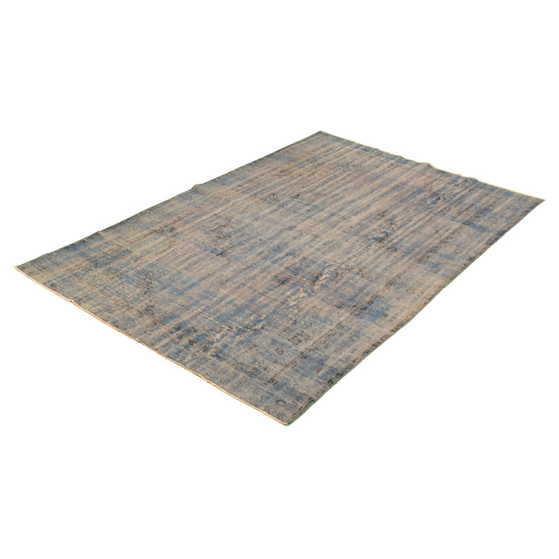 Tapis décoratif en laine de conception unique noué à la main des années 1980 6 pi 1 po x 9 pi Devlin-gris/bleu clair