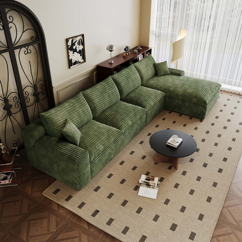 Canapé modulaire de 135 pouces en velours côtelé, structure double couche, coussins amovibles, aucun assemblage requis, vert