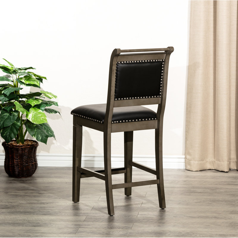 Tabouret de comptoir de 24 po de style rustique, gris délavé, siège en cuir noir, dossier confortable, tissu, coussin de siège stable, base