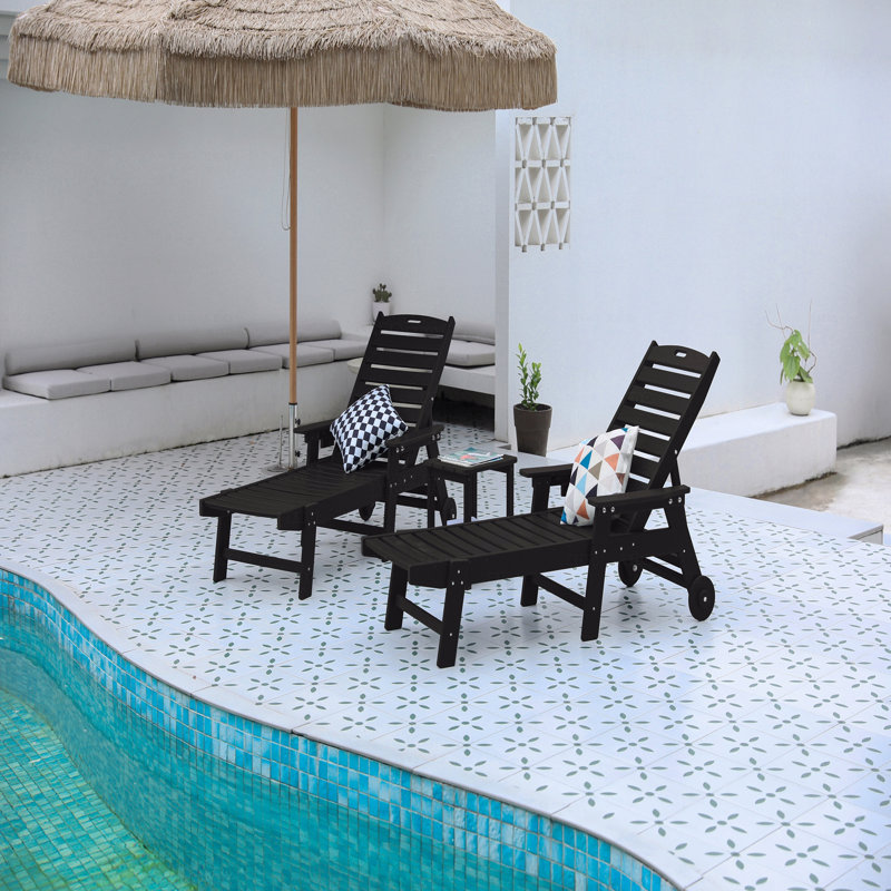 Lounge Chair With Side Table, 3-Piece Oversized Chaise Lounge Chair Set, All Weather Patio Lounge Chair With 5 Positions, Wheels And Cup Holder